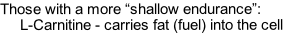 Those with a more “shallow endurance”:
     L-Carnitine - carries fat (fuel) into the cell
